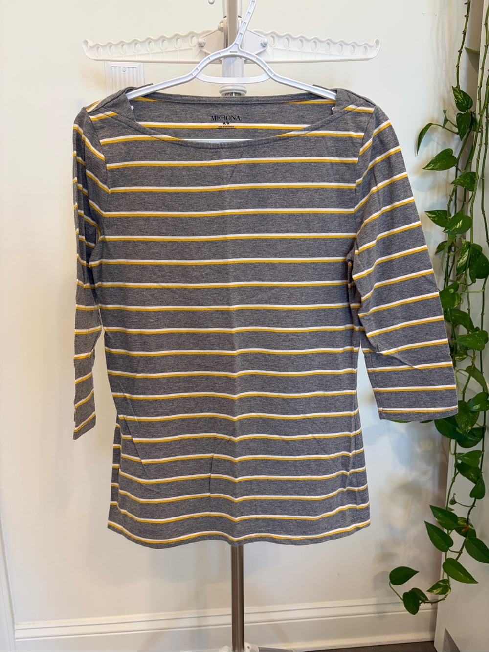 Merona Gray Striped Boatneck Top with Yellow Accents